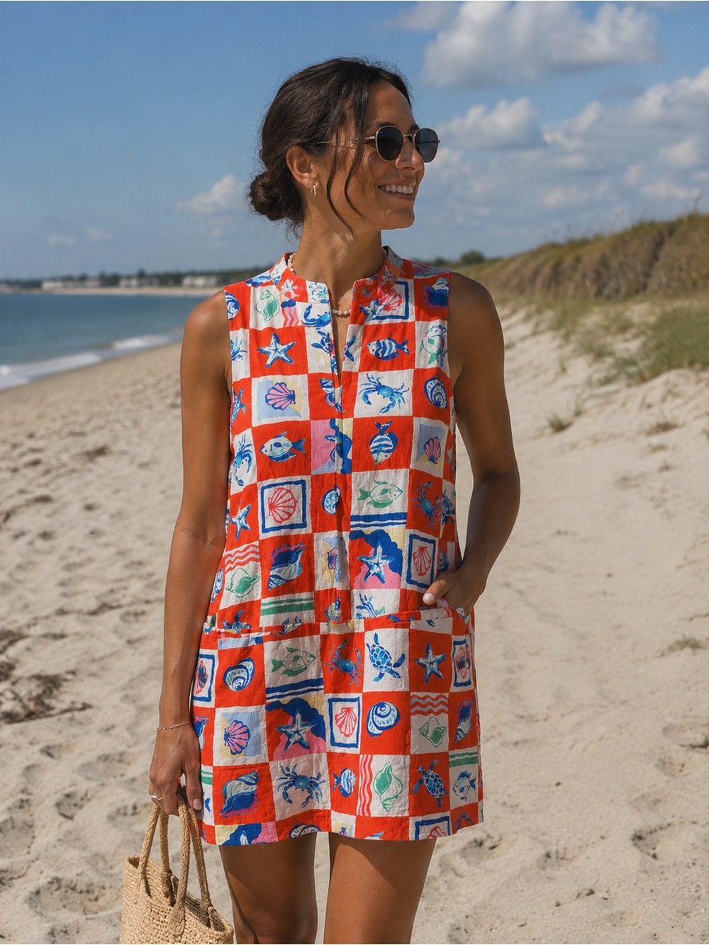 Magaschoni Sleeveless Red Shell-Print Beach Dress